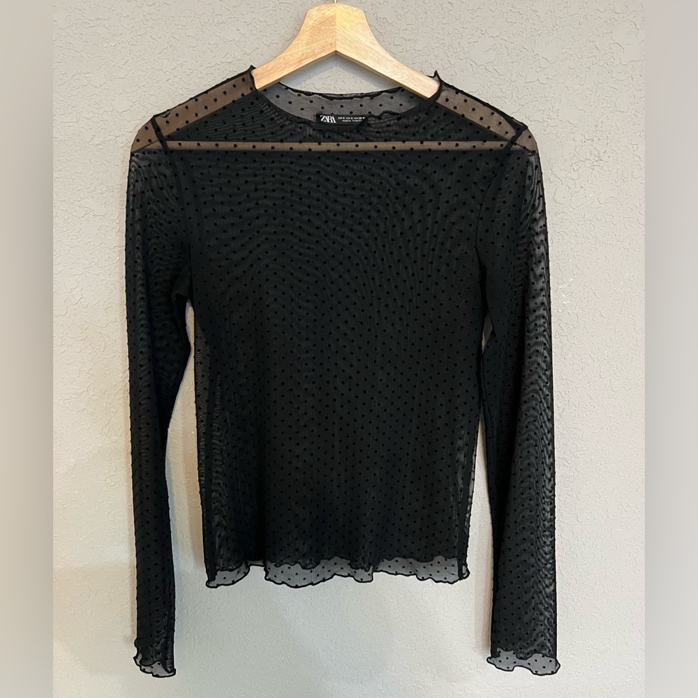 Zara Black Mesh Polka Dot Long Sleeve Top Size S